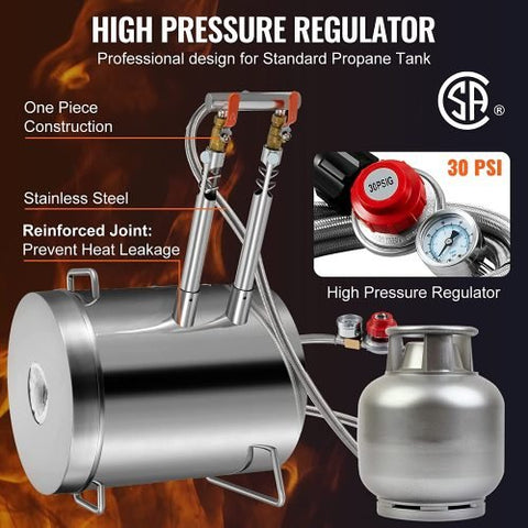 "12KG dual burner propane smelting furnace with accessories"
"Metal melting furnace kit with tongs and graphite crucible"
"Side view of propane furnace for aluminum and gold melting"
"Dual burner stainless steel smelter with open lid"
"Complete DIY metal melting setup with regulator and hose"