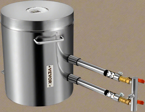 "12KG dual burner propane smelting furnace with accessories"
"Metal melting furnace kit with tongs and graphite crucible"
"Side view of propane furnace for aluminum and gold melting"
"Dual burner stainless steel smelter with open lid"
"Complete DIY metal melting setup with regulator and hose"