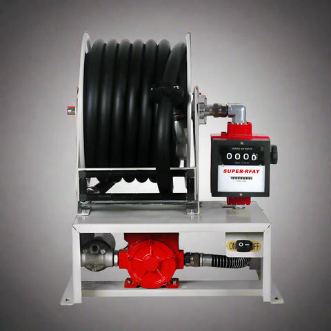 12V & 110V diesel fuel transfer pump with 50ft auto-retractable hose reel
Red and black heavy-duty diesel transfer pump with flow meter
Cast iron diesel fuel pump on steel frame with hose reel
