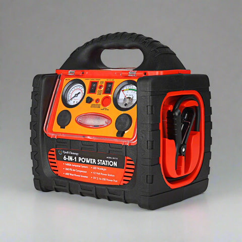6-in-1 jump starter with power inverter and compressor
Portable emergency power station for vehicles
12V car jump starter with LED light and USB charger
Multifunction power station for off-grid and roadside use