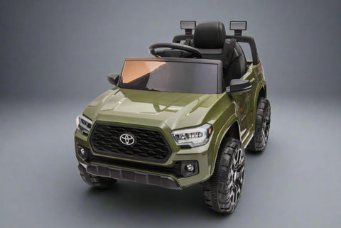 Olive green Toyota-style ride-on pickup truck for kids
Side view of remote-control kids truck with leather seat
Child’s electric ride-on truck with LED headlights
Toyota ride-on truck in olive green with suspension
Battery-powered pickup truck for toddlers