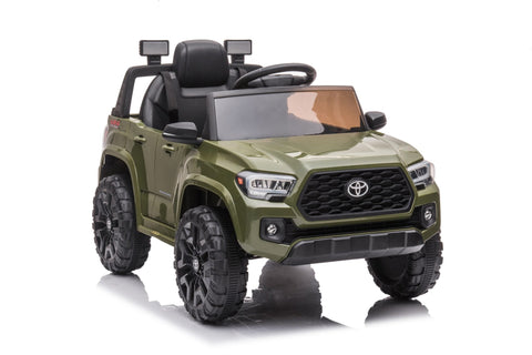 Olive green Toyota-style ride-on pickup truck for kids
Side view of remote-control kids truck with leather seat
Child’s electric ride-on truck with LED headlights
Toyota ride-on truck in olive green with suspension
Battery-powered pickup truck for toddlers