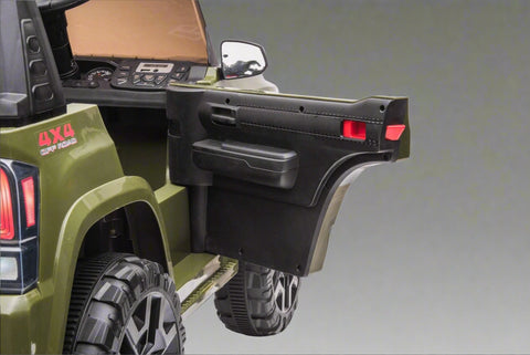 Olive green Toyota-style ride-on pickup truck for kids
Side view of remote-control kids truck with leather seat
Child’s electric ride-on truck with LED headlights
Toyota ride-on truck in olive green with suspension
Battery-powered pickup truck for toddlers