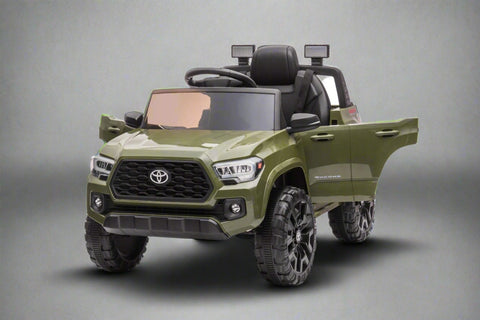 Olive green Toyota-style ride-on pickup truck for kids
Side view of remote-control kids truck with leather seat
Child’s electric ride-on truck with LED headlights
Toyota ride-on truck in olive green with suspension
Battery-powered pickup truck for toddlers