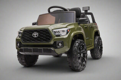 Olive green Toyota-style ride-on pickup truck for kids
Side view of remote-control kids truck with leather seat
Child’s electric ride-on truck with LED headlights
Toyota ride-on truck in olive green with suspension
Battery-powered pickup truck for toddlers