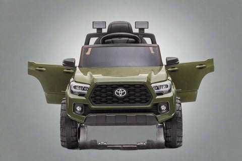 Olive green Toyota-style ride-on pickup truck for kids
Side view of remote-control kids truck with leather seat
Child’s electric ride-on truck with LED headlights
Toyota ride-on truck in olive green with suspension
Battery-powered pickup truck for toddlers