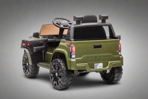 Olive green Toyota-style ride-on pickup truck for kids
Side view of remote-control kids truck with leather seat
Child’s electric ride-on truck with LED headlights
Toyota ride-on truck in olive green with suspension
Battery-powered pickup truck for toddlers