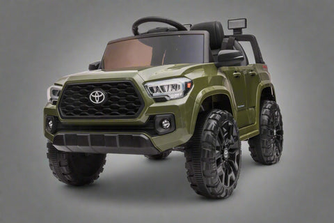 Olive green Toyota-style ride-on pickup truck for kids
Side view of remote-control kids truck with leather seat
Child’s electric ride-on truck with LED headlights
Toyota ride-on truck in olive green with suspension
Battery-powered pickup truck for toddlers