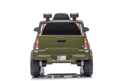 Olive green Toyota-style ride-on pickup truck for kids
Side view of remote-control kids truck with leather seat
Child’s electric ride-on truck with LED headlights
Toyota ride-on truck in olive green with suspension
Battery-powered pickup truck for toddlers