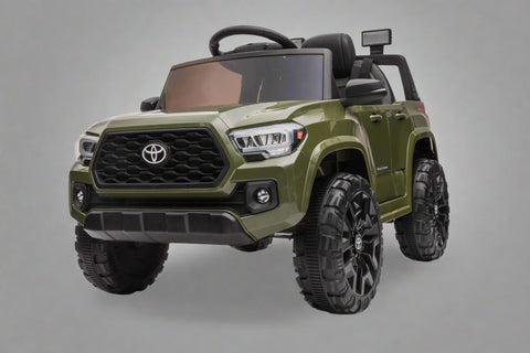 Olive green Toyota-style ride-on pickup truck for kids
Side view of remote-control kids truck with leather seat
Child’s electric ride-on truck with LED headlights
Toyota ride-on truck in olive green with suspension
Battery-powered pickup truck for toddlers