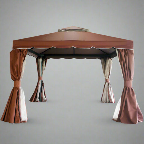 "Fully Enclosed 13x10 Pop-Up Gazebo Tent with Brown Curtains"
"Rust-Resistant Aluminum Frame Gazebo for Outdoor Events"
"Brown Outdoor Gazebo with Zip Netting and Side Curtains"
"13x10 Foot Weatherproof Backyard Party Tent"
"Portable Gazebo with Full Enclosure for Garden and Patio"