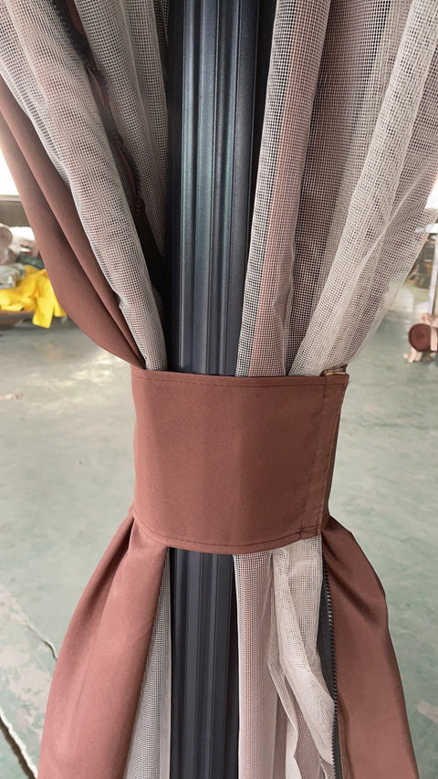 "Fully Enclosed 13x10 Pop-Up Gazebo Tent with Brown Curtains"
"Rust-Resistant Aluminum Frame Gazebo for Outdoor Events"
"Brown Outdoor Gazebo with Zip Netting and Side Curtains"
"13x10 Foot Weatherproof Backyard Party Tent"
"Portable Gazebo with Full Enclosure for Garden and Patio"