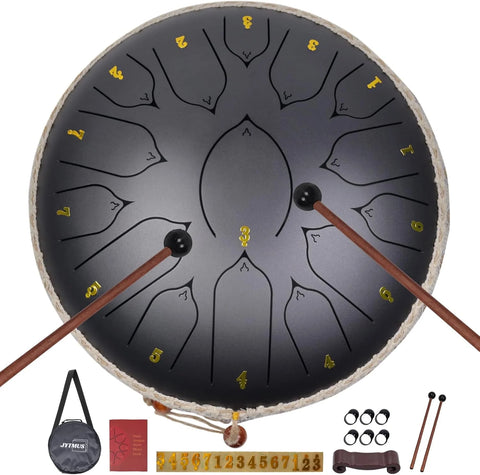 13 inch steel tongue drum with 15 notes
Complete handpan style music kit with mallets and bag
Relaxing meditation drum for yoga and sound healing
Steel tongue drum with note stickers and guide
Handcrafted alloy steel percussion drum