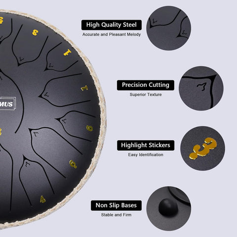 13 inch steel tongue drum with 15 notes
Complete handpan style music kit with mallets and bag
Relaxing meditation drum for yoga and sound healing
Steel tongue drum with note stickers and guide
Handcrafted alloy steel percussion drum