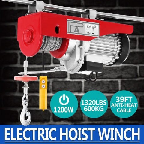 1320 lb electric overhead hoist winch in red
AC-powered hoist with safety hook and carbon steel cable
Heavy-duty electric hoist for garage or shop use
110V overhead winch with lifting hook and motor
Construction site electric lifting hoist with steel housing