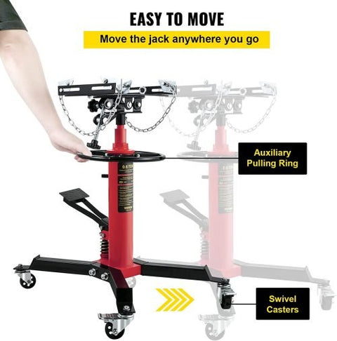 “1320 lb 2-stage telescopic hydraulic transmission jack in red”
“Heavy-duty red garage jack with swivel casters and saddle arms”
“Hydraulic lift transmission jack with adjustable tilt arms”
