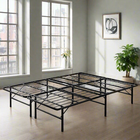 Minimalist bedroom setup with full-size bi-folding bed frame