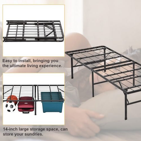 Folding bed frame with 14 inch under-bed storage clearance