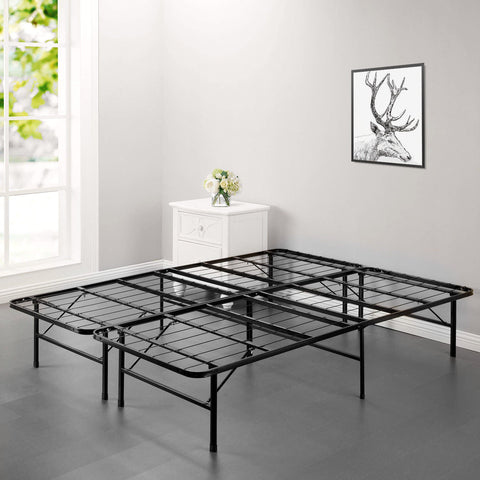 No-tool assembly metal bed base folded in half for storage