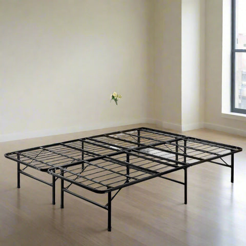 14 inch black powder-coated steel mattress frame folded open