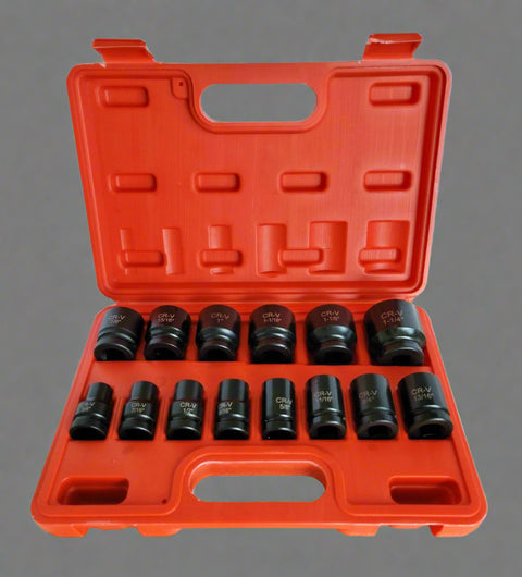 14-Piece SAE Shallow Impact Socket Set in Red Case – Full View
Chrome Vanadium Steel Socket Set – Top View
Close-Up of 1/2” SAE Shallow Sockets in Storage Case
