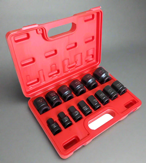 14-Piece SAE Shallow Impact Socket Set in Red Case – Full View
Chrome Vanadium Steel Socket Set – Top View
Close-Up of 1/2” SAE Shallow Sockets in Storage Case