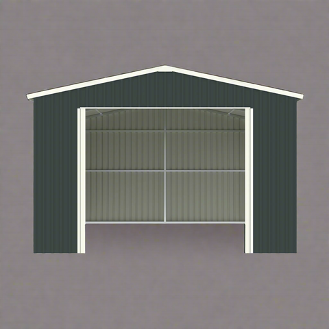 Front view of 14x19 FT metal garage carport
Outdoor metal car shelter with roll-up door
Weatherproof single-vehicle garage structure