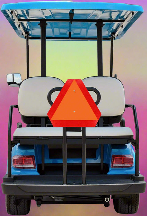 "14x16 Slow Moving Vehicle Sign Reflective Rust-Free Aluminum Triangle"
"Slow moving vehicle sign mounted on a golf cart for visibility"