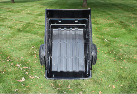 1500 lbs off-road utility trailer hitched to ATV in grass field
heavy-duty dump trailer with tilting steel bed
model 113484 utility trailer with 18-inch off-road tires
rear view of utility trailer loaded with gravel
close-up of powder-coated steel dump bed