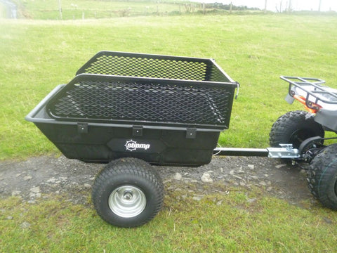 1500 lbs off-road utility trailer hitched to ATV in grass field
heavy-duty dump trailer with tilting steel bed
model 113484 utility trailer with 18-inch off-road tires
rear view of utility trailer loaded with gravel
close-up of powder-coated steel dump bed