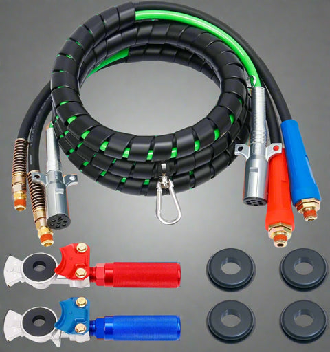 15FT semi truck 3-in-1 air line kit with red and blue glad hands
Rubber air hose assembly with 7-way ABS electrical cable
Heavy-duty tractor trailer air line with spring kit
DOT-compliant 3-in-1 air and electrical connection kit
Close-up of glad hands and ABS cable connectors