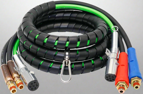 15FT semi truck 3-in-1 air line kit with red and blue glad hands
Rubber air hose assembly with 7-way ABS electrical cable
Heavy-duty tractor trailer air line with spring kit
DOT-compliant 3-in-1 air and electrical connection kit
Close-up of glad hands and ABS cable connectors