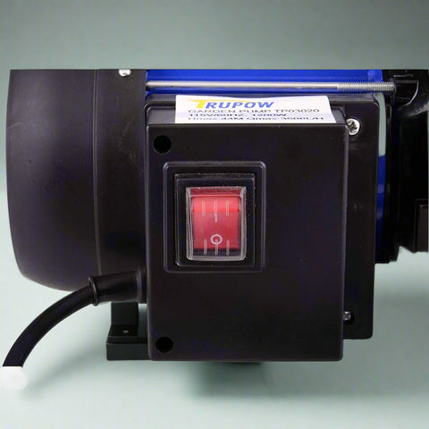 Backside of TP3020 Jet Pump Showing Power Switch and Water Inlet/Outlet Ports