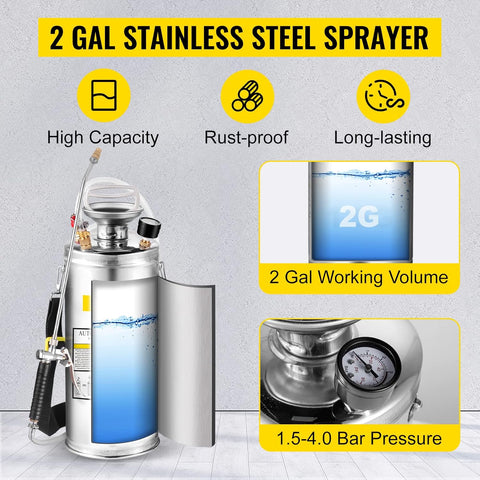 2-Gallon Stainless Steel Garden Pressure Sprayer
Heavy-Duty Sprayer for Pest Control and Gardening
Durable Industrial Stainless Steel Hand Pump Sprayer