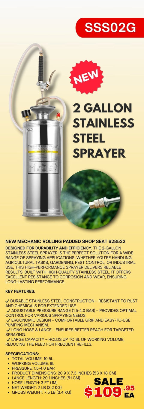 2-Gallon Stainless Steel Garden Pressure Sprayer
Heavy-Duty Sprayer for Pest Control and Gardening
Durable Industrial Stainless Steel Hand Pump Sprayer