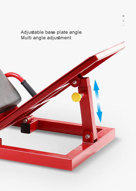 Red commercial 2-in-1 leg press and squat gym machine side view
User using leg press on heavy-duty fitness equipment
Squat bench setup on dual-function gym trainer 523624
PU leather padded seat and reverse pedal mechanism close-up
Front angle of multifunctional leg press squat machine in red