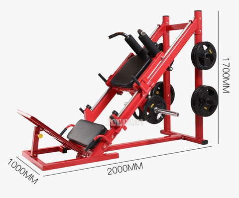 Red commercial 2-in-1 leg press and squat gym machine side view
User using leg press on heavy-duty fitness equipment
Squat bench setup on dual-function gym trainer 523624
PU leather padded seat and reverse pedal mechanism close-up
Front angle of multifunctional leg press squat machine in red