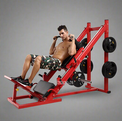 Red commercial 2-in-1 leg press and squat gym machine side view
User using leg press on heavy-duty fitness equipment
Squat bench setup on dual-function gym trainer 523624
PU leather padded seat and reverse pedal mechanism close-up
Front angle of multifunctional leg press squat machine in red