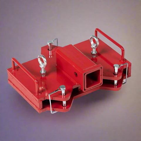 Dual Forklift Hitch Receiver Adapter Mounted on Pallet Fork – Side View
Red Steel Forklift Hitch Receiver for Trailers and Campers
Clamp-On Fork Hitch Receiver Adapter – Industrial Grade
Top View of 2-in-1 Towing Hitch Adapter on Forklift
Pallet Fork Trailer Hitch Attachment with Dual Receiver