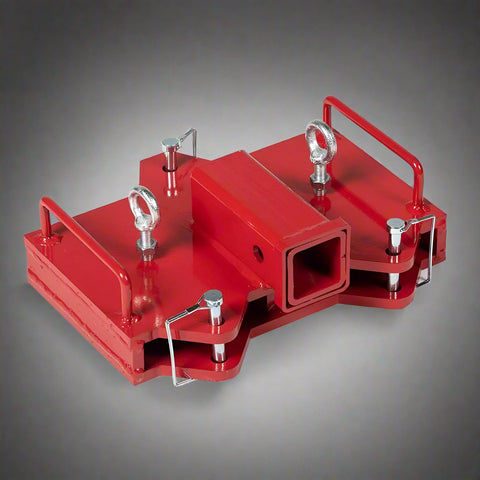 Dual Forklift Hitch Receiver Adapter Mounted on Pallet Fork – Side View
Red Steel Forklift Hitch Receiver for Trailers and Campers
Clamp-On Fork Hitch Receiver Adapter – Industrial Grade
Top View of 2-in-1 Towing Hitch Adapter on Forklift
Pallet Fork Trailer Hitch Attachment with Dual Receiver