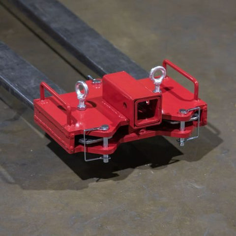 Dual Forklift Hitch Receiver Adapter Mounted on Pallet Fork – Side View
Red Steel Forklift Hitch Receiver for Trailers and Campers
Clamp-On Fork Hitch Receiver Adapter – Industrial Grade
Top View of 2-in-1 Towing Hitch Adapter on Forklift
Pallet Fork Trailer Hitch Attachment with Dual Receiver