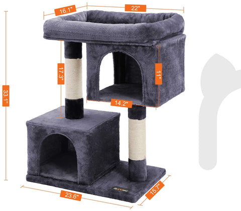 2-Level Plush Cat Tree with Top Perch and Condo
Cat Tree with Scratching Posts and Soft Fabric
Side View of Plush Gray Cat Condo Tower
Cat Sitting on Widened Top Perch
Enclosed Cat Hideout with Dual Levels