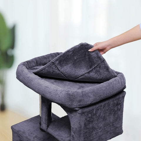 2-Level Plush Cat Tree with Top Perch and Condo
Cat Tree with Scratching Posts and Soft Fabric
Side View of Plush Gray Cat Condo Tower
Cat Sitting on Widened Top Perch
Enclosed Cat Hideout with Dual Levels