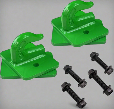 3/8 inch grab hooks with mounting plates and bolts
Heavy-duty tractor grab hooks set for towing and lifting
Grade 70 steel forged hooks with powder-coated finish
Mounting plates with bolts and locknuts for grab hooks
Green tractor grab hooks with bolt-on hardware