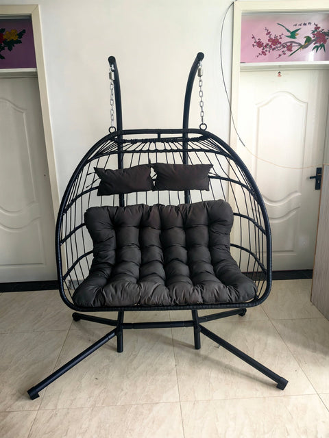 "2-Person Double Egg Swing Chair with Cushions"
"Weather Resistant Outdoor Hanging Egg Chair"
"Double Swing Egg Chair with 550 lbs Stand Support"
"Black and Gray 2-Seater Egg Chair for Patio"
"Indoor Outdoor Egg Swing Chair for Two Adults"