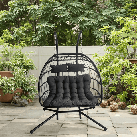 "2-Person Double Egg Swing Chair with Cushions"
"Weather Resistant Outdoor Hanging Egg Chair"
"Double Swing Egg Chair with 550 lbs Stand Support"
"Black and Gray 2-Seater Egg Chair for Patio"
"Indoor Outdoor Egg Swing Chair for Two Adults"