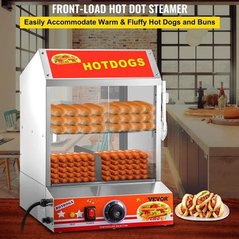 2-tier hot dog steamer with tempered glass doors and bun warmer
Commercial hot dog steamer showing 27L capacity
Food truck-ready stainless steel hot dog and bun warmer
Hot dog warmer for concession stand with clear slide doors
Interior view of dual-tier hot dog steamer filled with buns and sausages