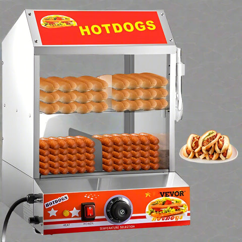 2-tier hot dog steamer with tempered glass doors and bun warmer
Commercial hot dog steamer showing 27L capacity
Food truck-ready stainless steel hot dog and bun warmer
Hot dog warmer for concession stand with clear slide doors
Interior view of dual-tier hot dog steamer filled with buns and sausages