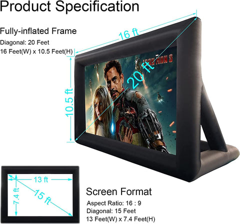 20-foot inflatable outdoor projector screen with blower
Backyard cinema inflatable movie screen 16:9 aspect
Front and rear projection inflatable screen for events
Portable large inflatable movie screen with carry bag
Outdoor inflatable projection screen with air pump