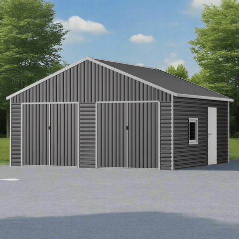 Exterior view of large metal storage shed with double doors
Side angle of steel storage building in backyard
Outdoor shed with steel construction and swing doors